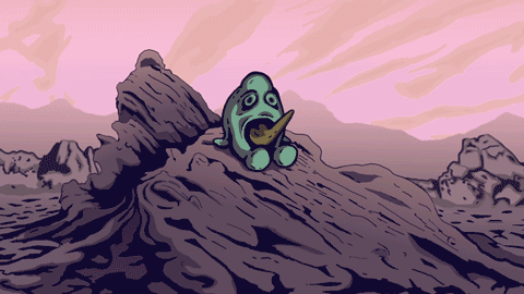 animation of a creature with an erect tongue walking down a rock